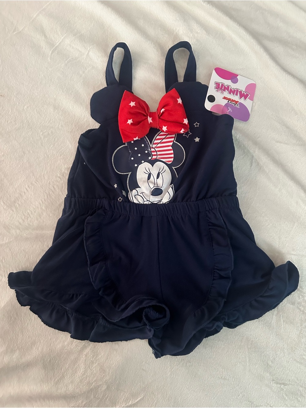 Disney Navy Romper with Red Star Bow Minnie Graphic